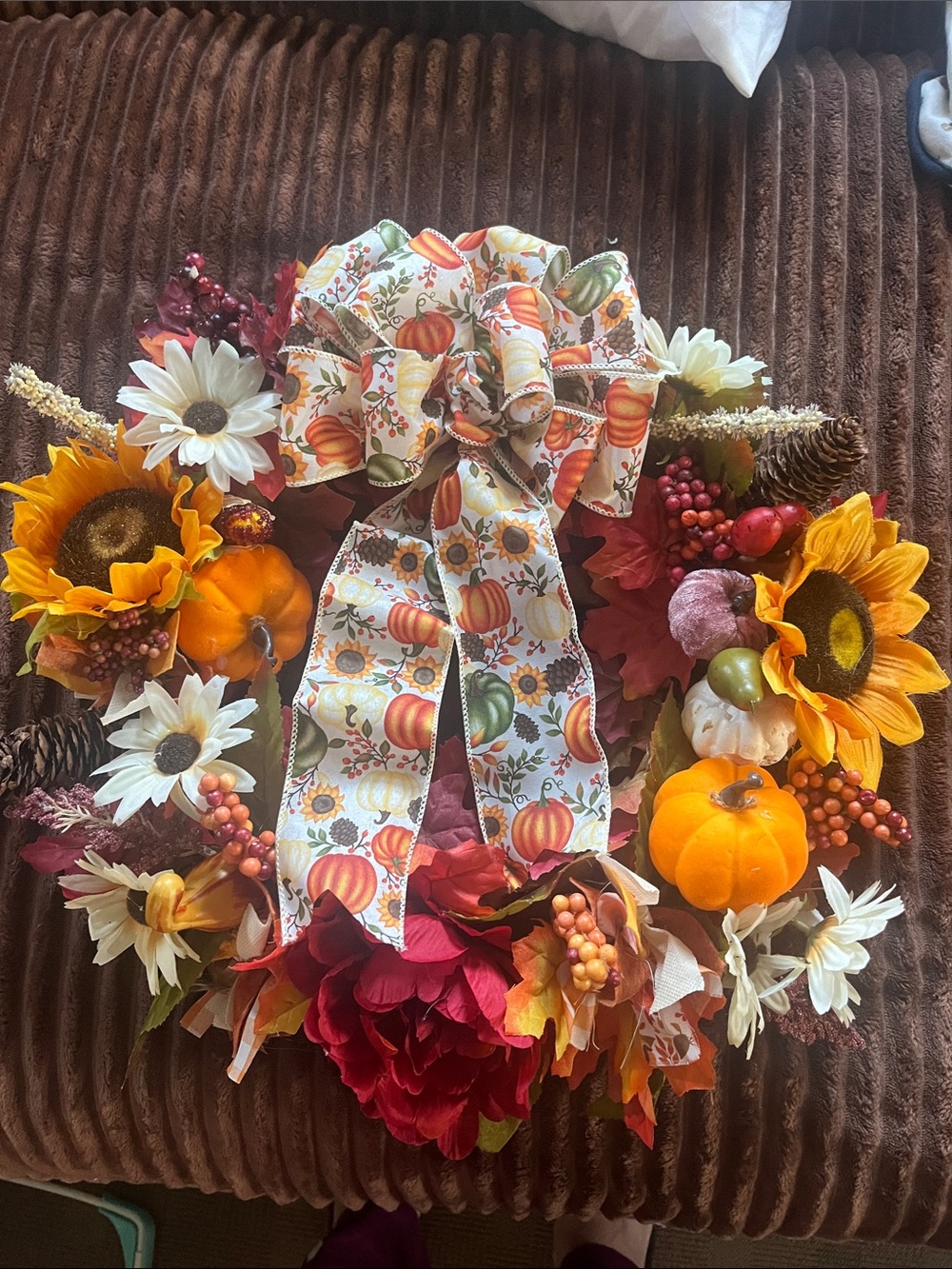 Autumn Harvest Fall Wreath with Pumpkin Ribbon - Multicolor